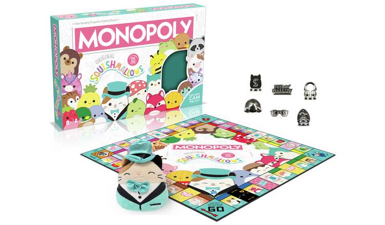 Squishmallows Monopoly board game with Cam the Cat plush, imported from the UK