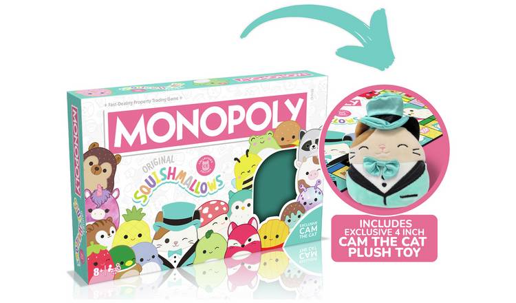 Squishmallows Monopoly board game with Cam the Cat plush, imported from the UK