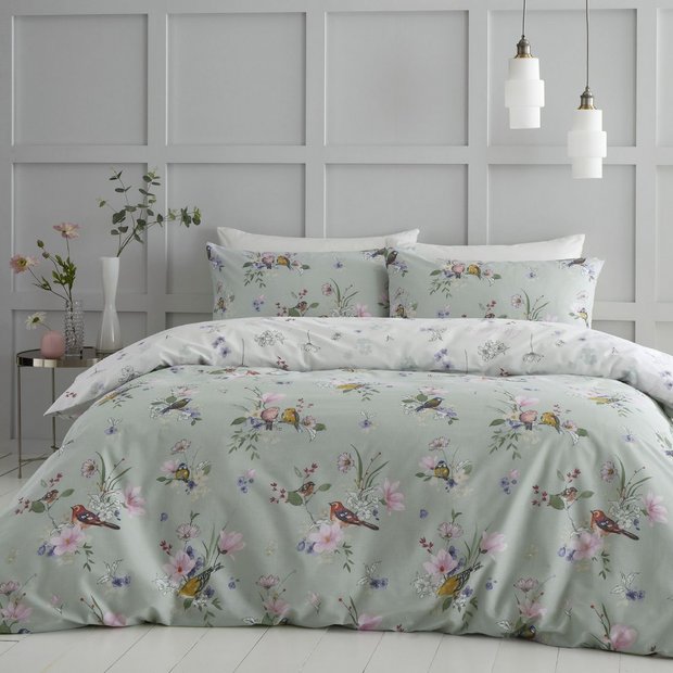 Catherine Lansfield Songbird Print Sage bedding set single, UK version