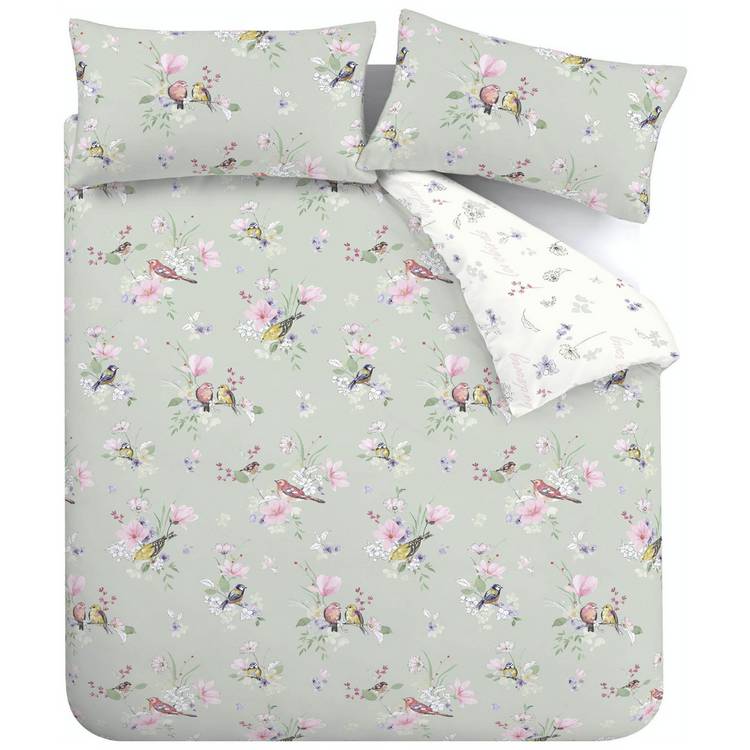 Catherine Lansfield Songbird Print Sage bedding set single, UK version