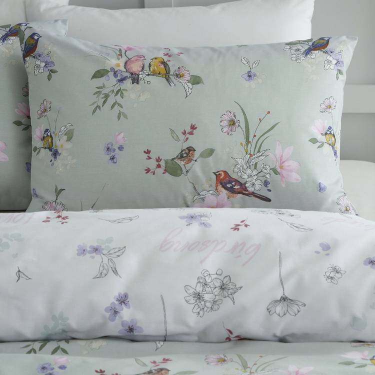 Catherine Lansfield Songbird Print Sage bedding set single, UK version