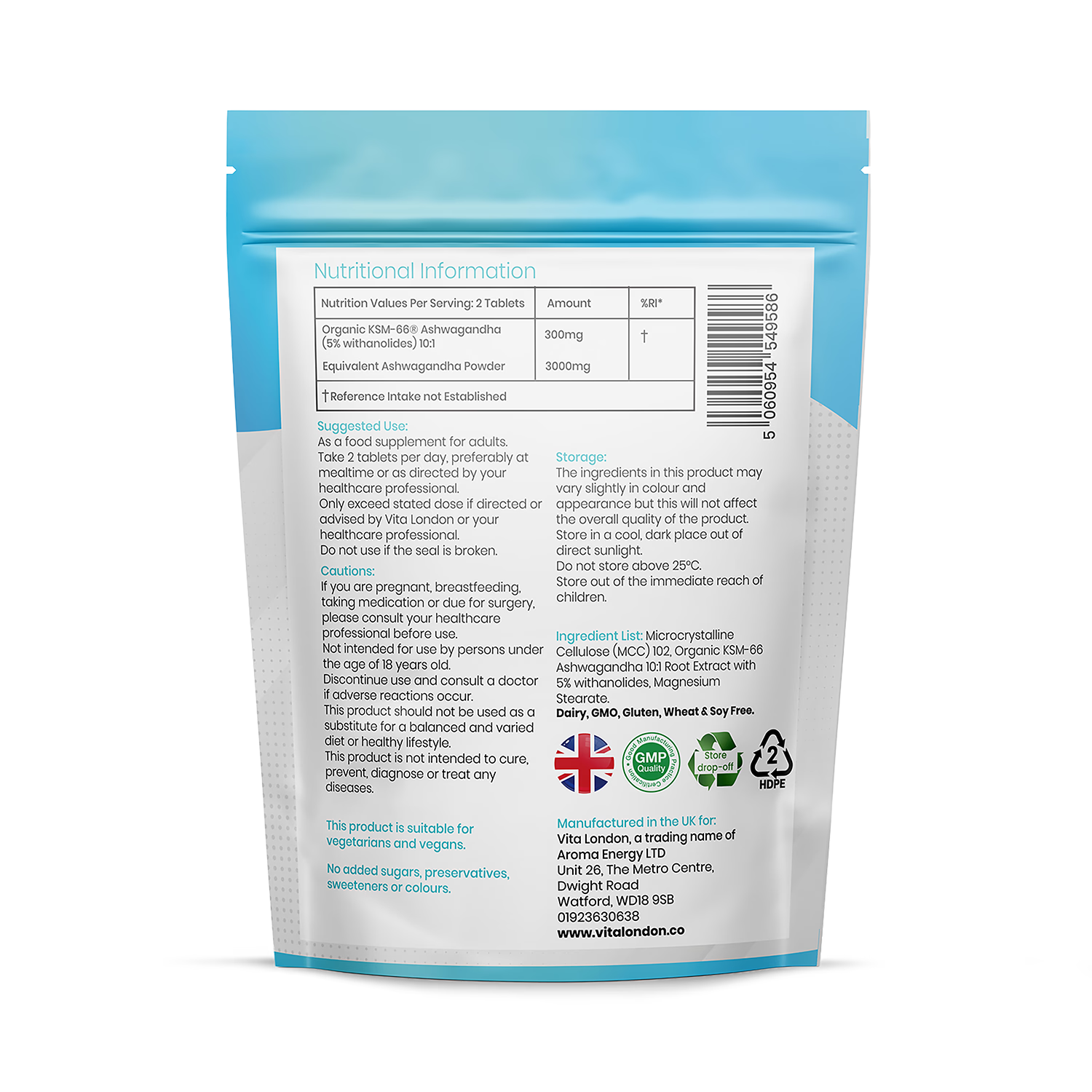Vita London Ashwagandha KSM-66 high strength tablets 3000mg, UK version