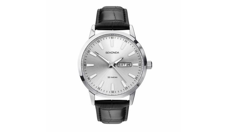 Sekonda men's black leather strap silver dial watch, UK version