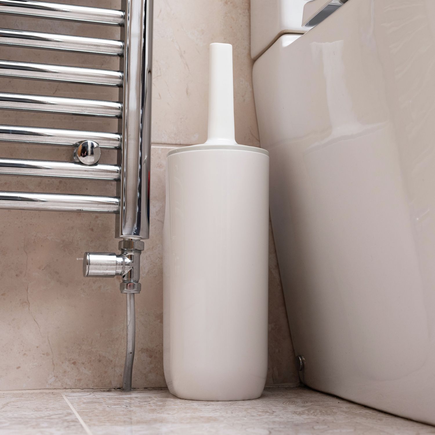 Addis white toilet brush with cleaner compartment (British brand)