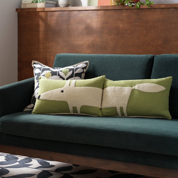Habitat Mr Fox cushions pair green white embroidered fox 30x60cm, UK version