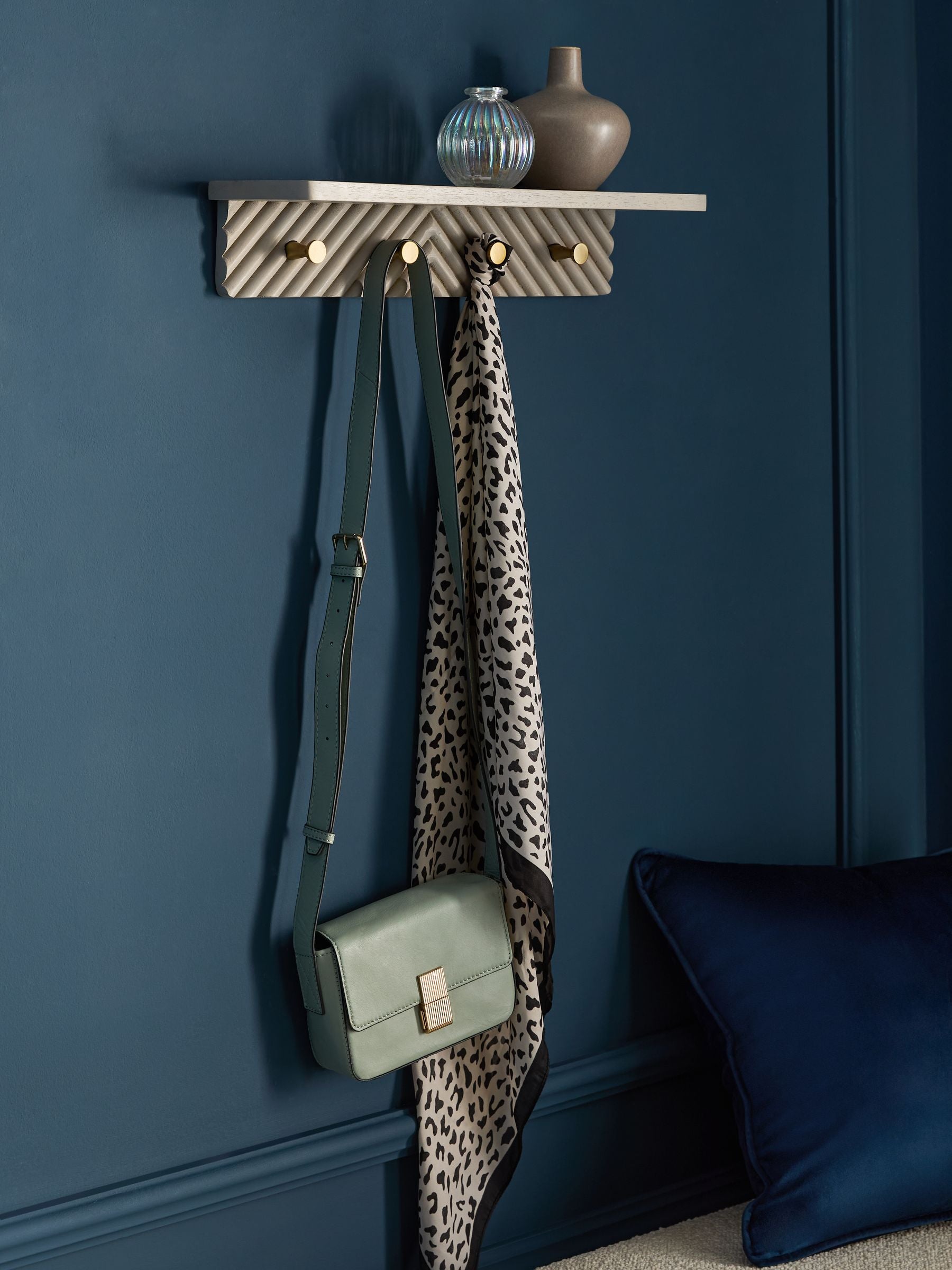 Grey Valencia wall shelf with hooks mango wood gold detailing - British product