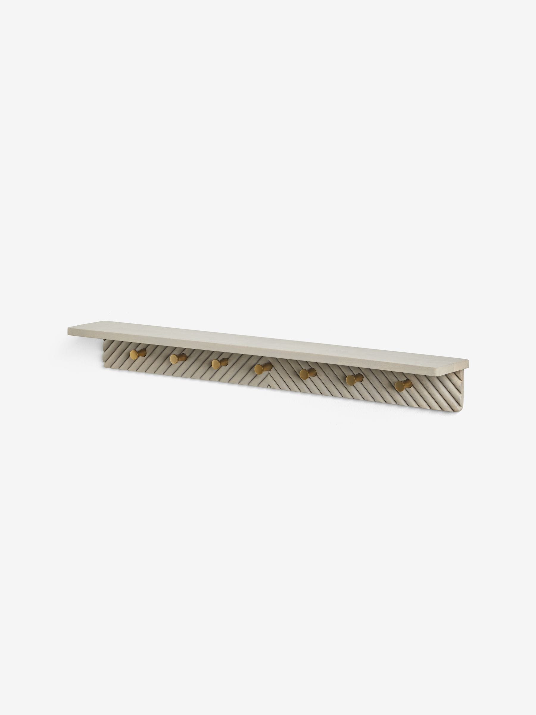 Grey Valencia wall shelf with hooks mango wood gold detailing - British product