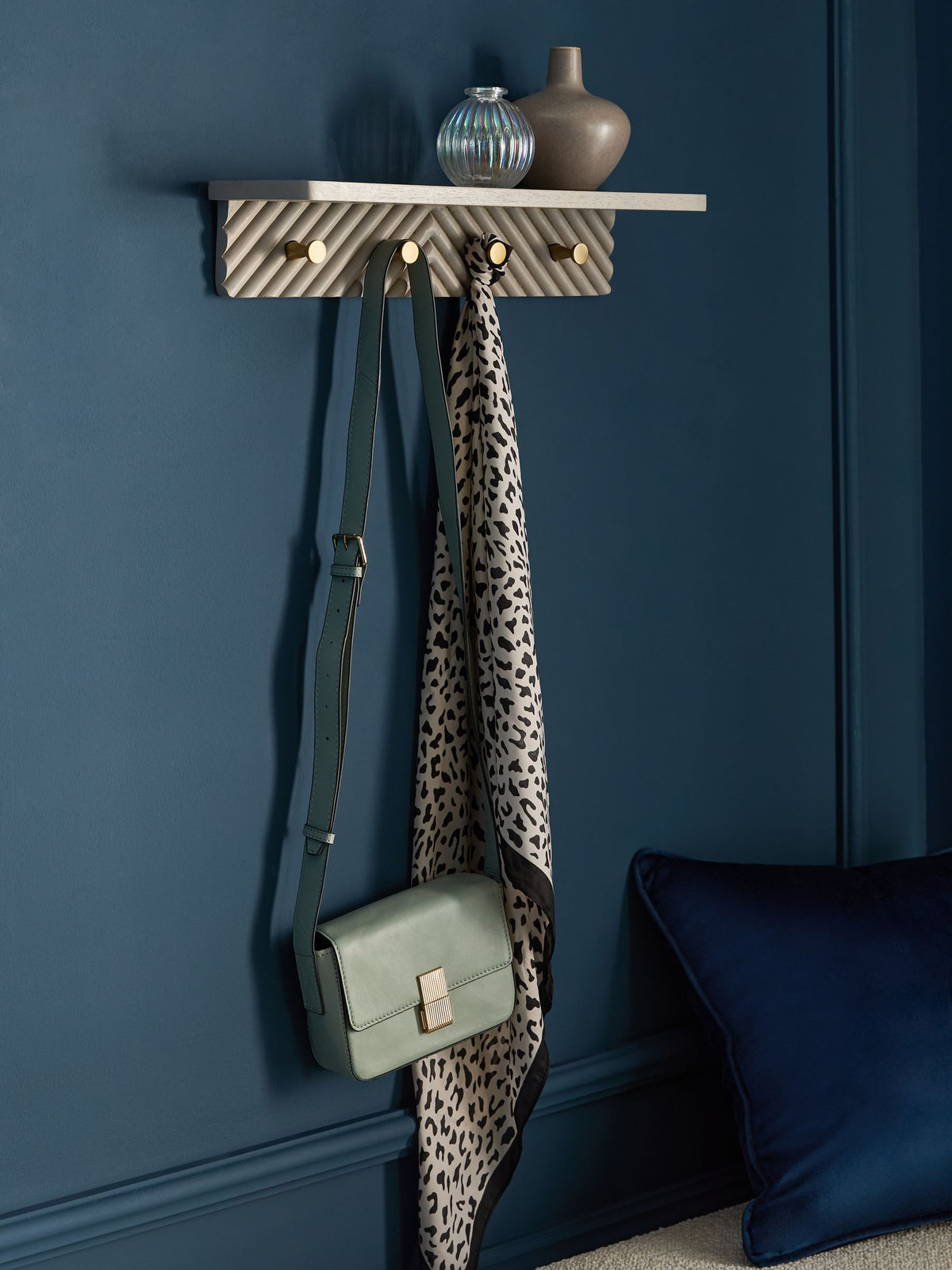 Grey Valencia wall shelf with hooks mango wood gold detailing - British product