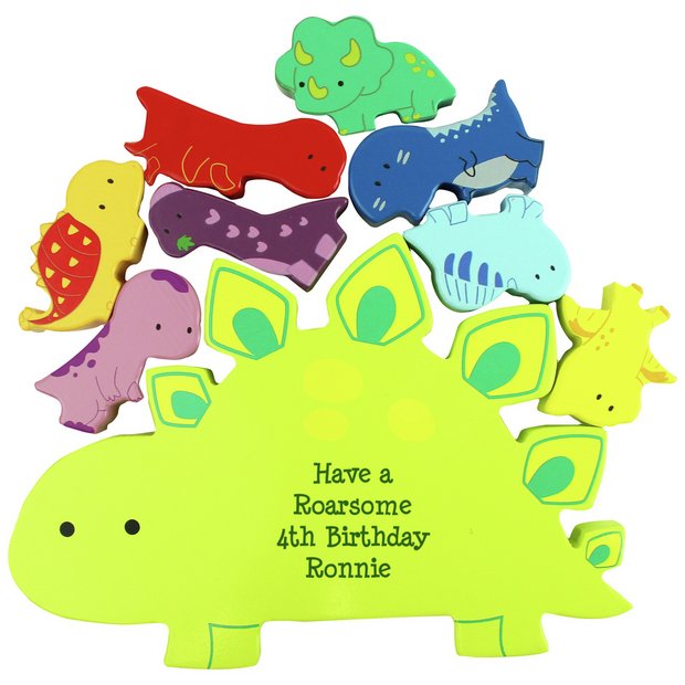 Personalised wooden dinosaur stacker toy, imported from the UK