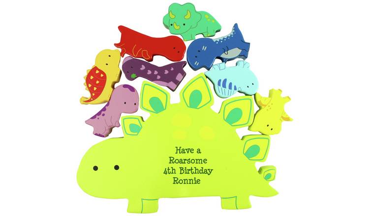 Personalised wooden dinosaur stacker toy, imported from the UK
