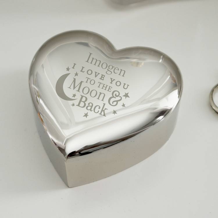 Personalised heart trinket box with moon message (British brand)