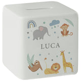 Personalised ceramic money box with safari animals 9cm, imported from the UK