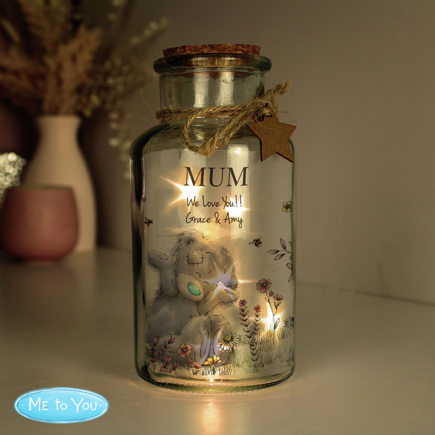 Personalised floral LED glass jar 16.5 cm - British product