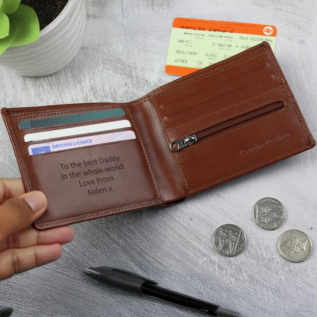Personalised tan leather wallet from the UK, imported from the UK