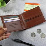Personalised tan leather wallet from the UK, imported from the UK