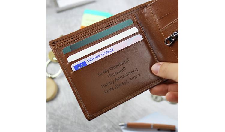 Personalised tan leather wallet from the UK, imported from the UK