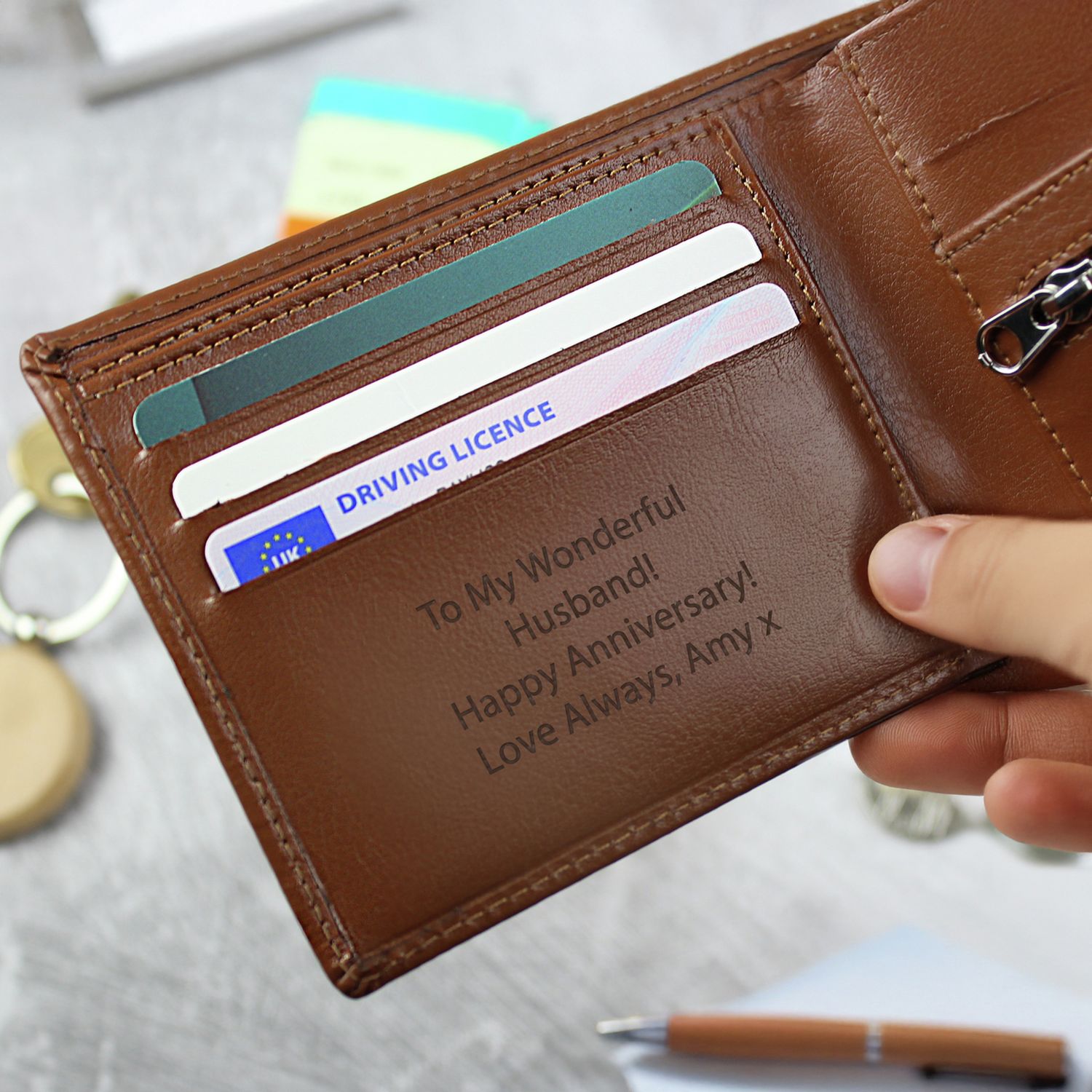 Personalised tan leather wallet from the UK, imported from the UK