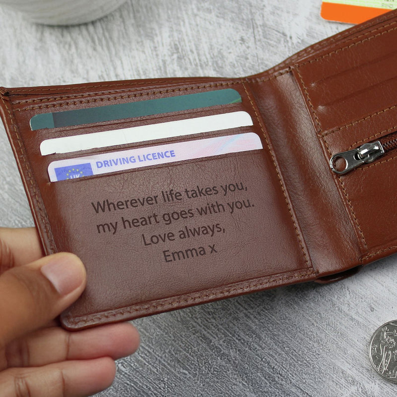 Personalised tan leather wallet from the UK, imported from the UK