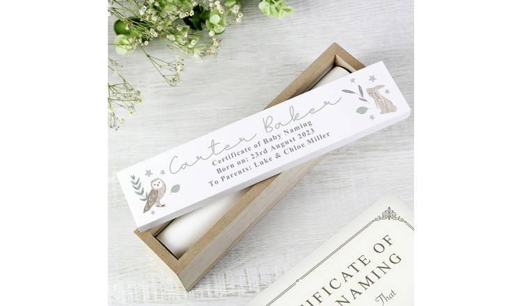 Personalised woodland animals certificate holder wooden shabby chic (British brand)