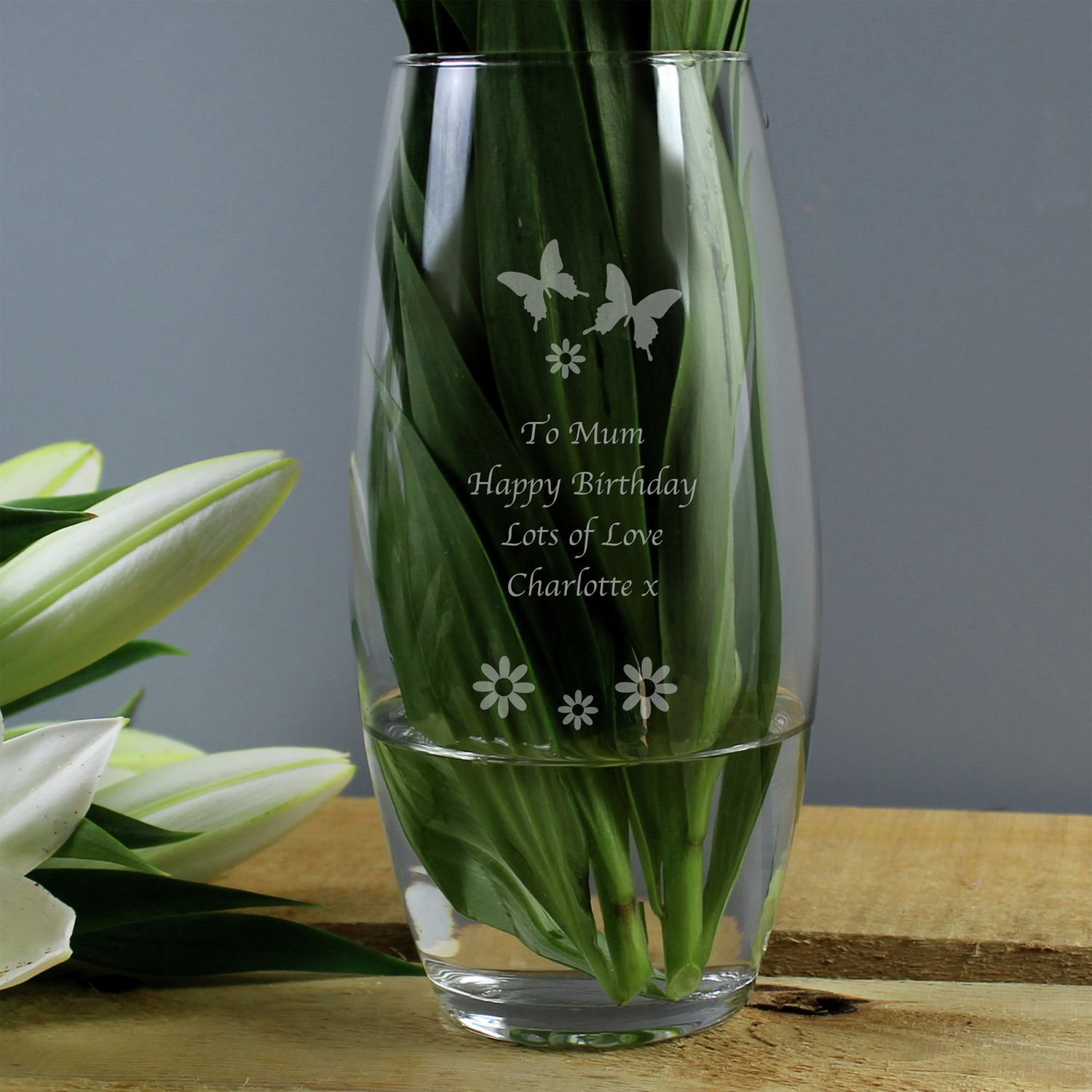 Butterflies and flowers bullet vase personalised, 22cm, imported from the UK