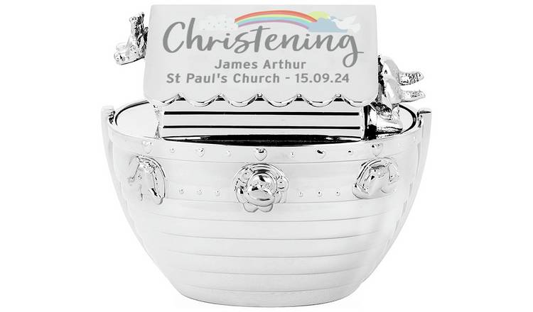 Noah's Ark money box silver finish with rainbow design, imported from the UK