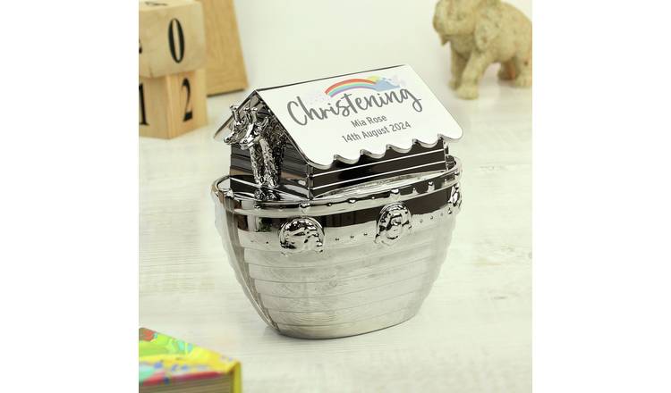 Noah's Ark money box silver finish with rainbow design, imported from the UK