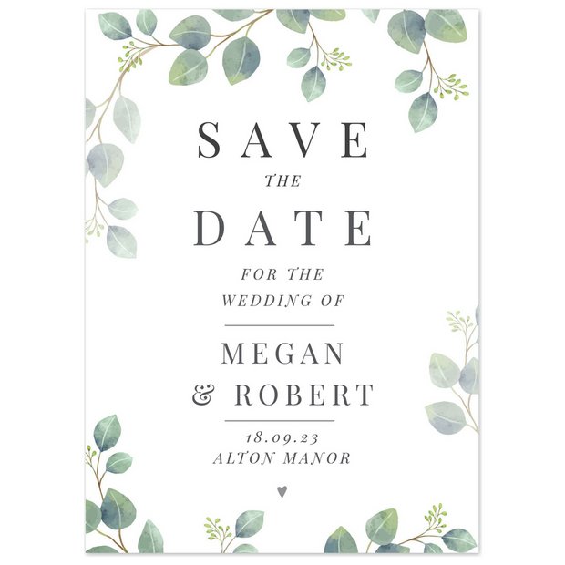 Botanical save the dates cards with personalised message, UK version