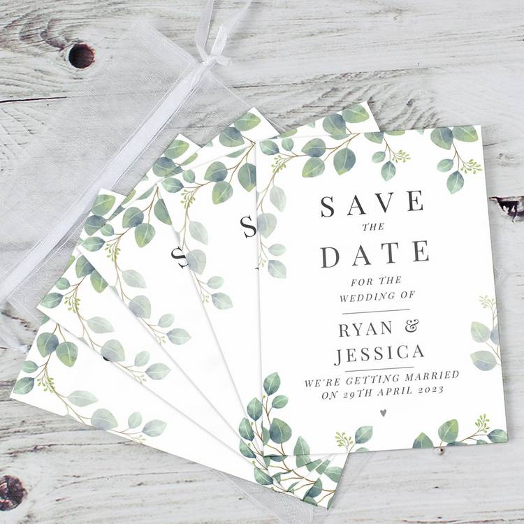 Botanical save the dates cards with personalised message, UK version
