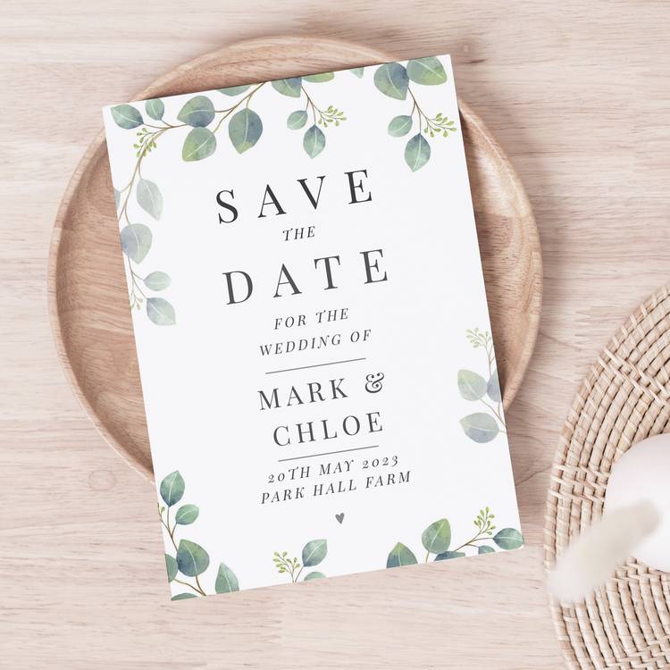 Botanical save the dates cards with personalised message, UK version