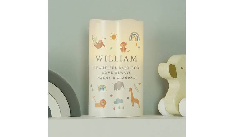 Personalised safari animals LED candle 13cm, UK version