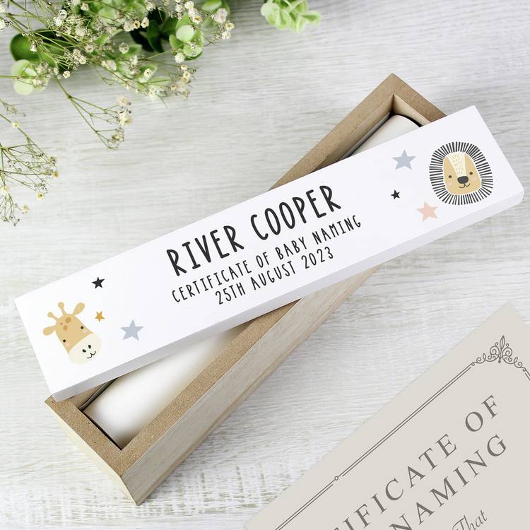 Personalised wooden certificate holder with animals print, imported from the UK