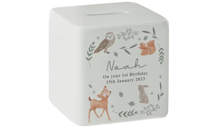 Personalised woodland animal ceramic money box 9cm - British product