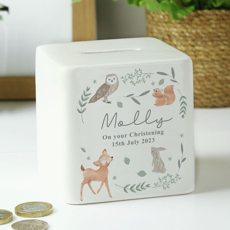 Personalised woodland animal ceramic money box 9cm - British product