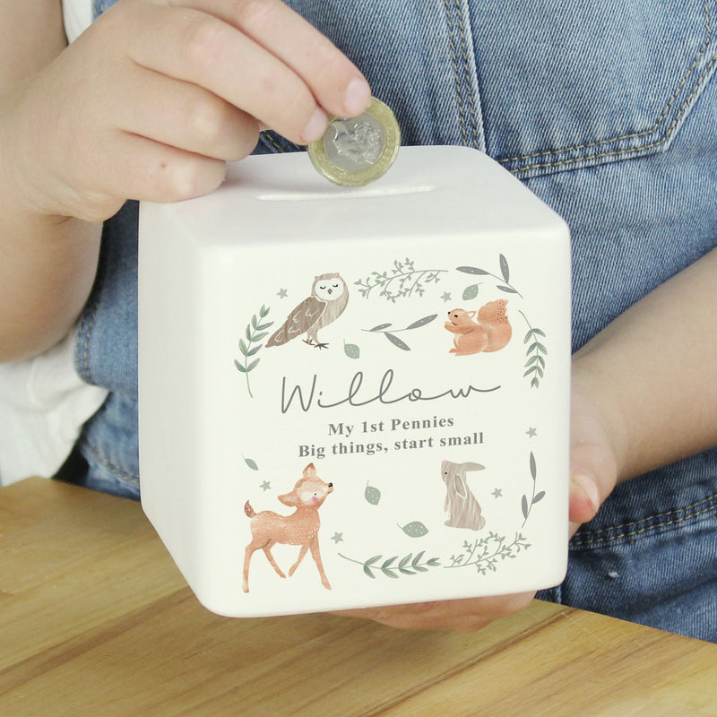 Personalised woodland animal ceramic money box 9cm - British product