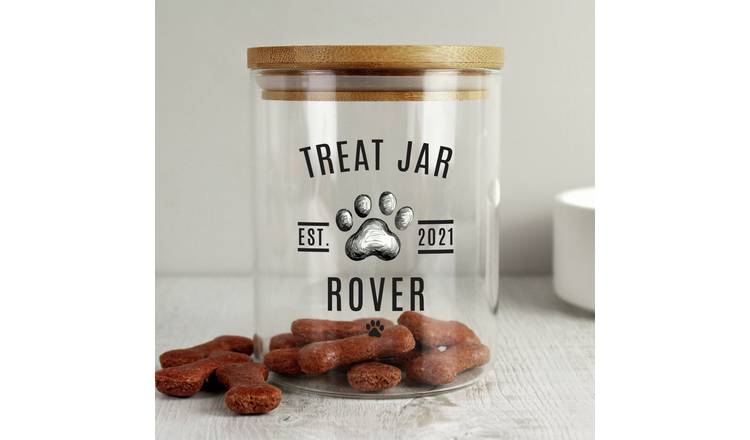 personalised pet treat glass jar with lid 13cm, imported from the UK