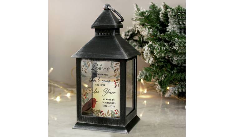 Personalised Message Robins Appear Memorial Black Lantern