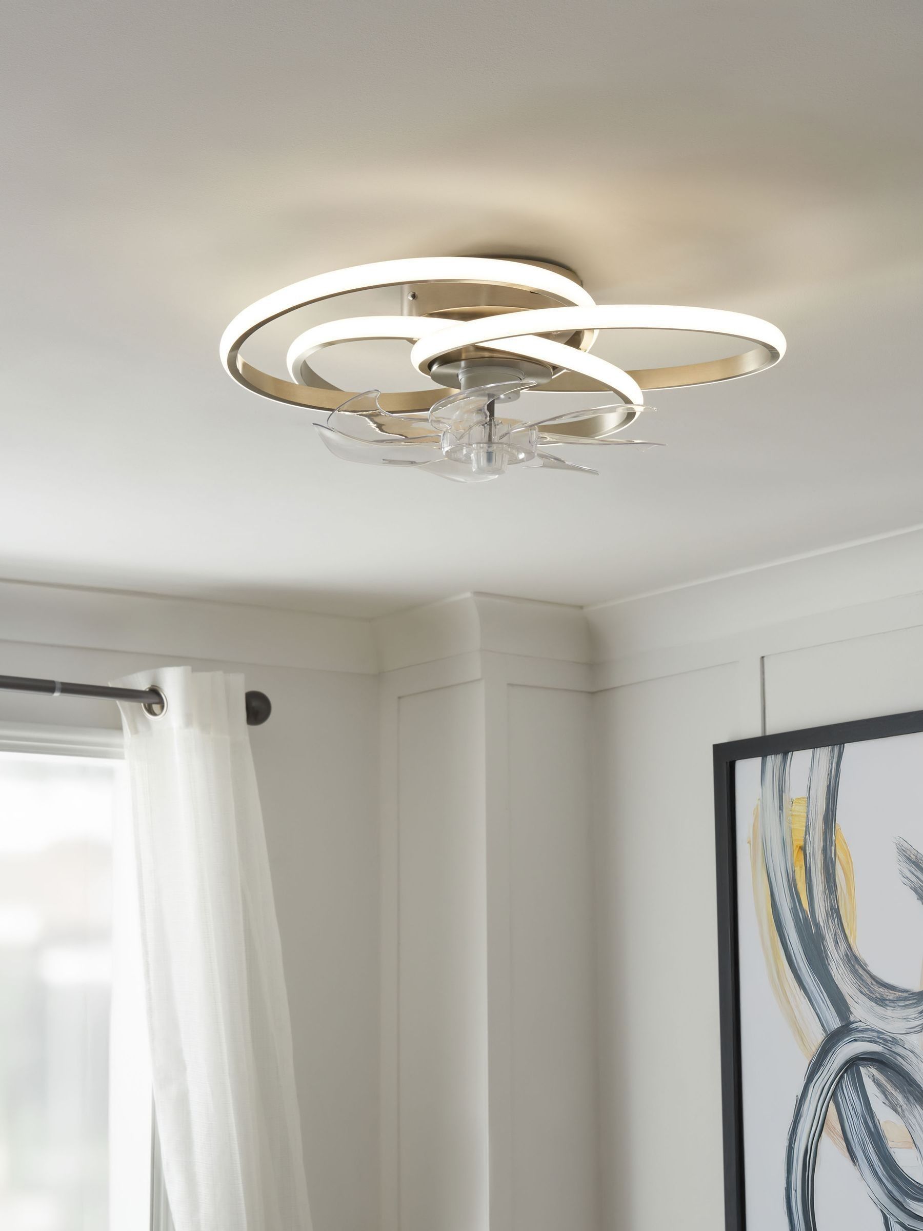 Cascade Trinity LED ceiling fan light satin nickel finish, imported from the UK
