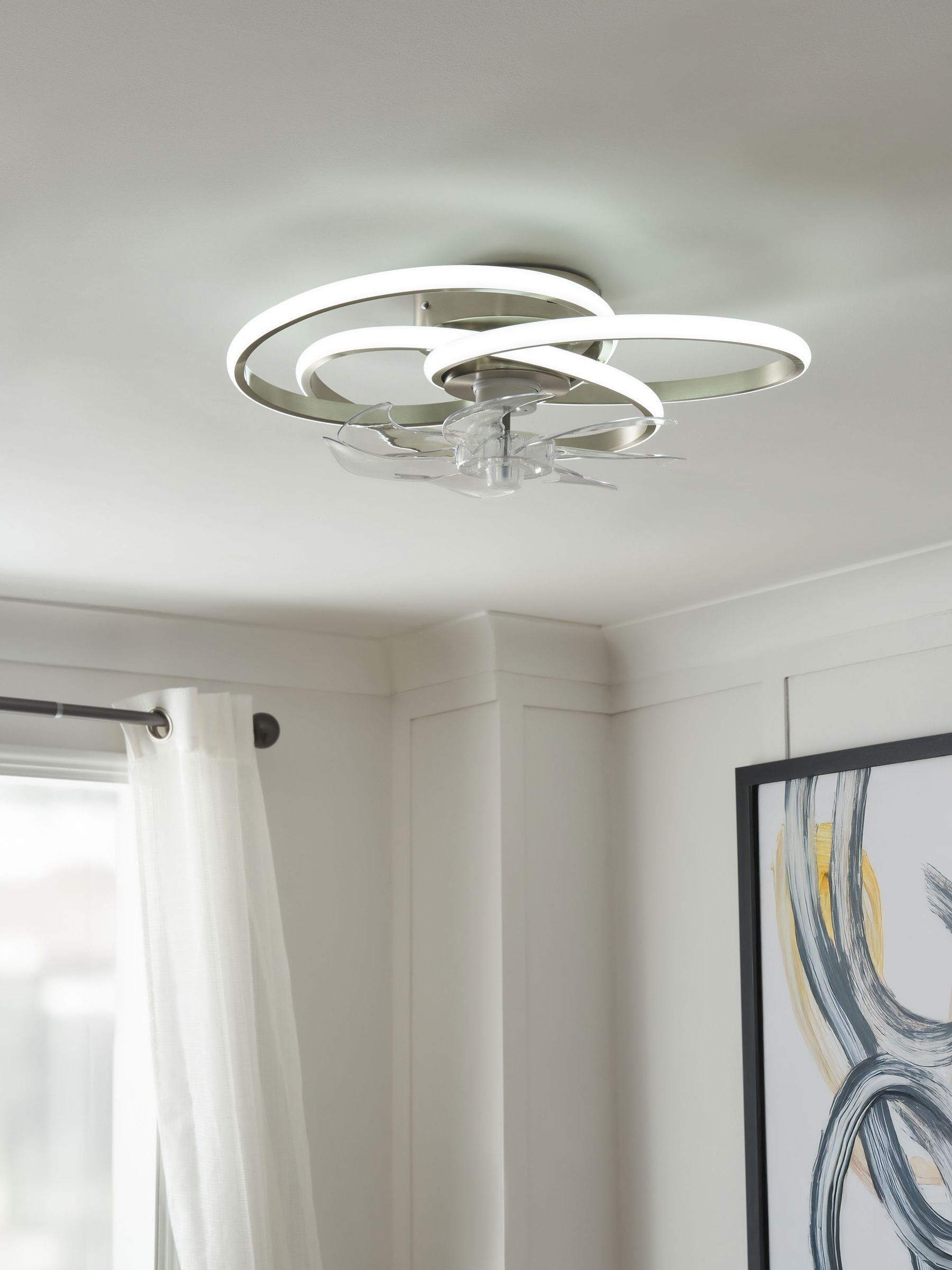 Cascade Trinity LED ceiling fan light satin nickel finish, imported from the UK