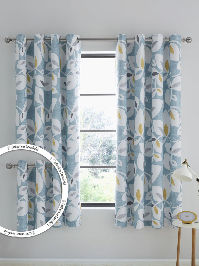 Catherine Lansfield teal blue Inga Leaf eyelet curtains 168x183cm - British product