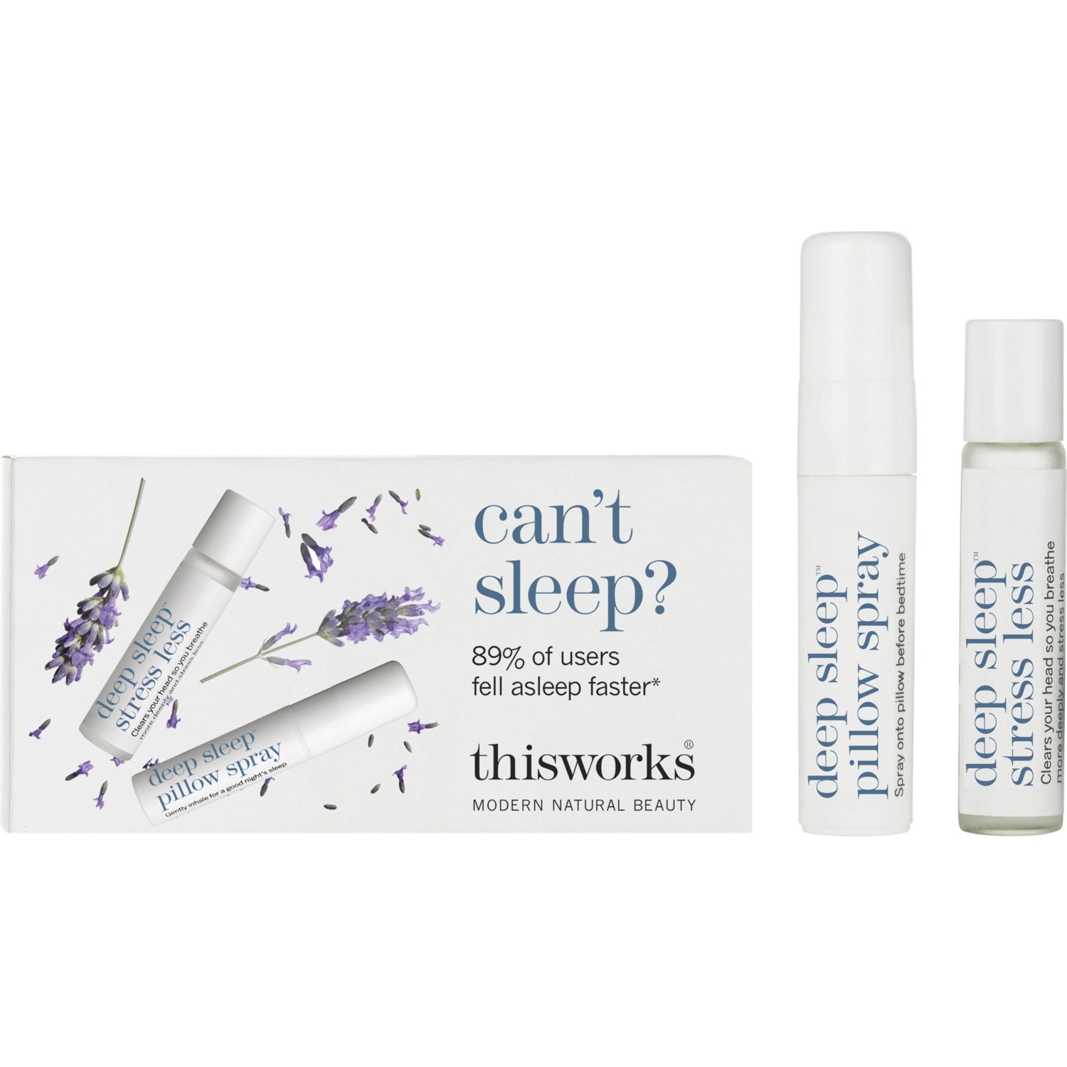 This Works travel set with Deep Sleep Spray and Stress Less roll-on, imported from the UK