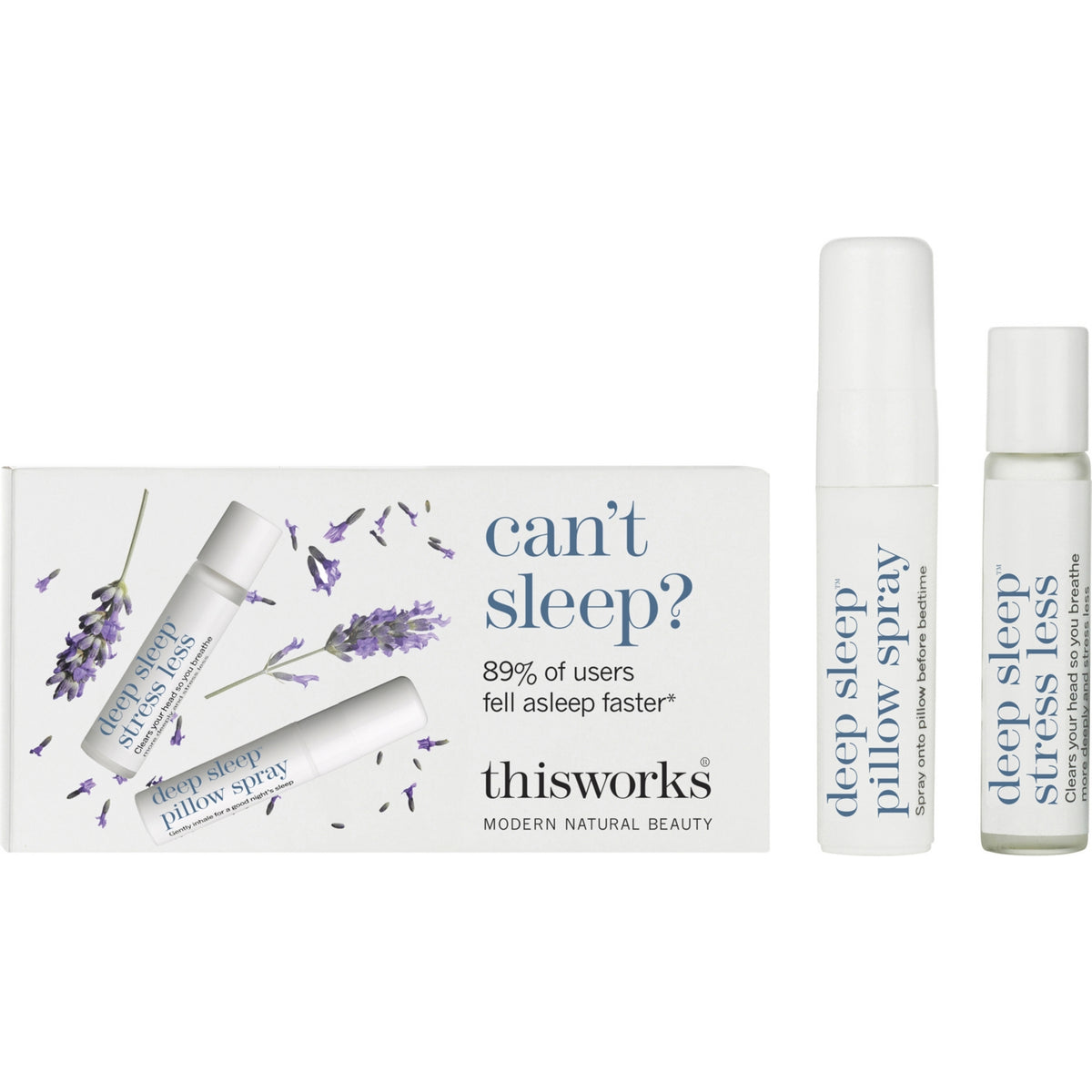 This Works travel set with Deep Sleep Spray and Stress Less roll-on, imported from the UK