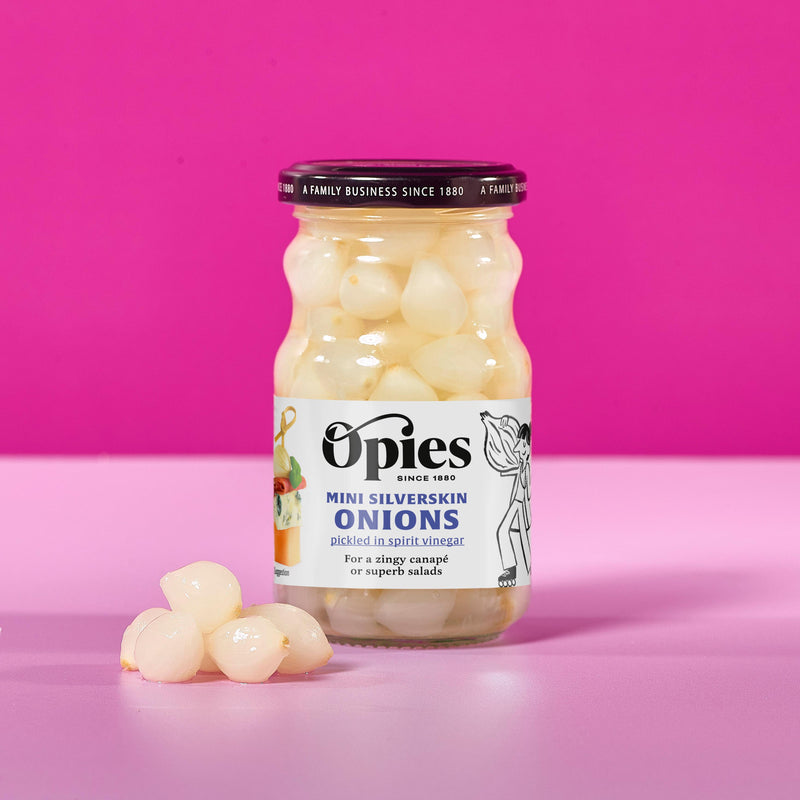 Opies cocktail onions with spirit vinegar 227g, UK version