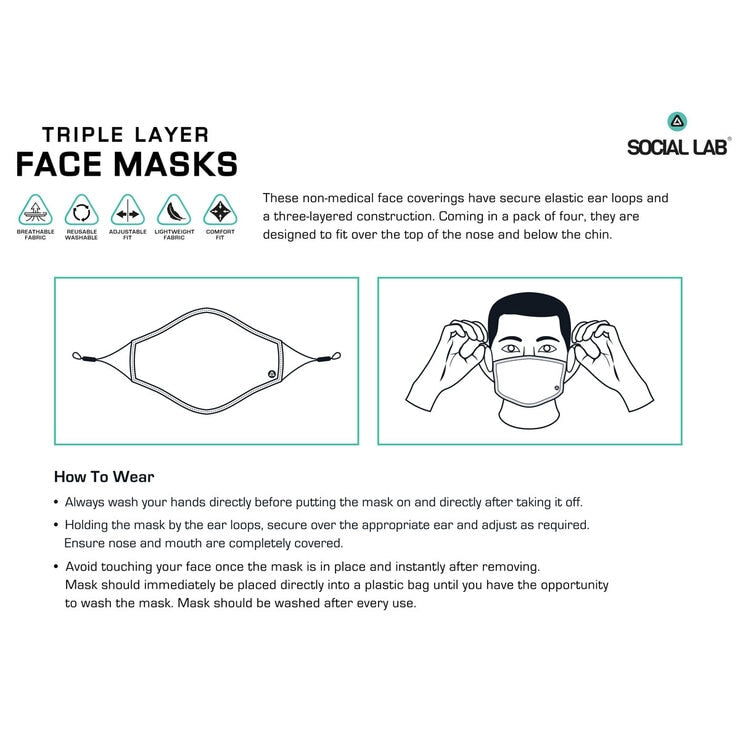 Social Lab Face Masks Triple Layer Reusable 4 Pack, imported from the UK