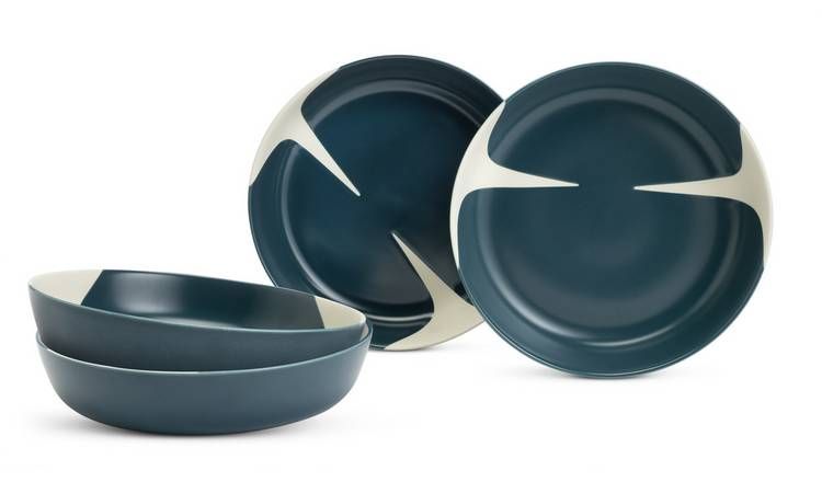 Habitat x Scion Lohko 4 Piece Stoneware Pasta Bowls - Blue