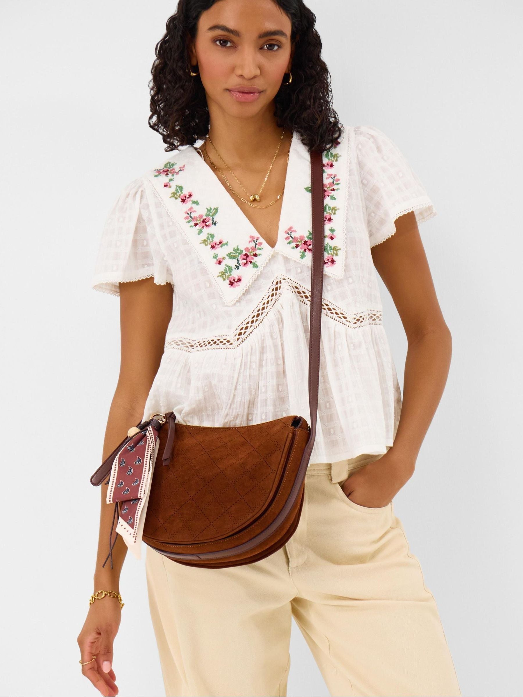 Accessorize brown faux suede crossbody bag with scarf charm (British brand)