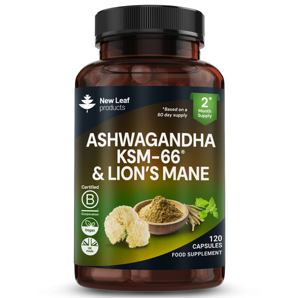 New Leaf Ashwagandha KSM-66 Lions Mane 120 capsules - British product