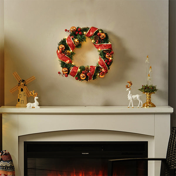 Livingandhome red ribbon lighted wreath 30cm (British brand)