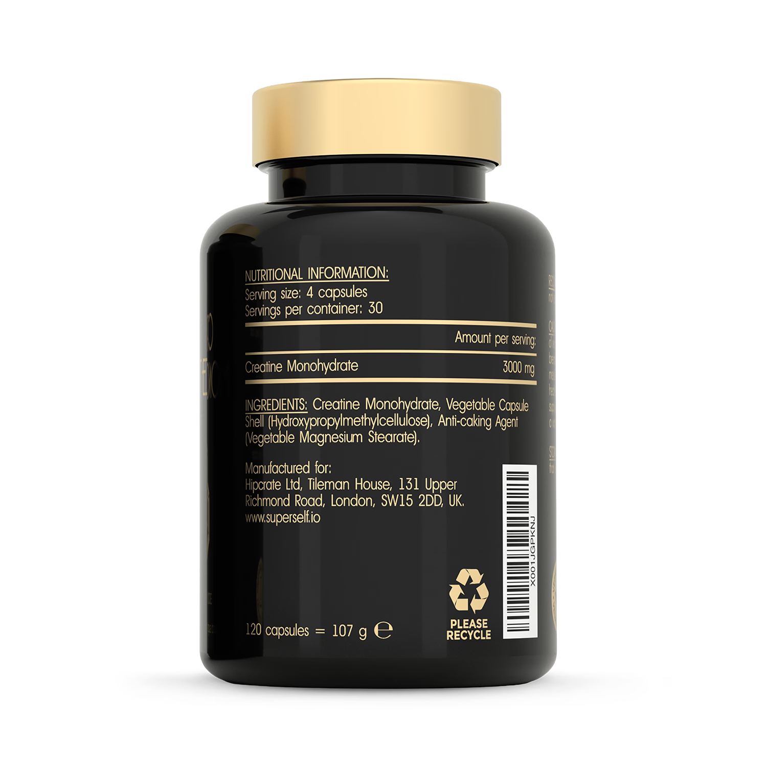 SuperSelf Creatine Monohydrate 3000mg capsules, imported from the UK