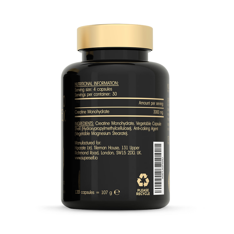 SuperSelf Creatine Monohydrate 3000mg capsules, imported from the UK