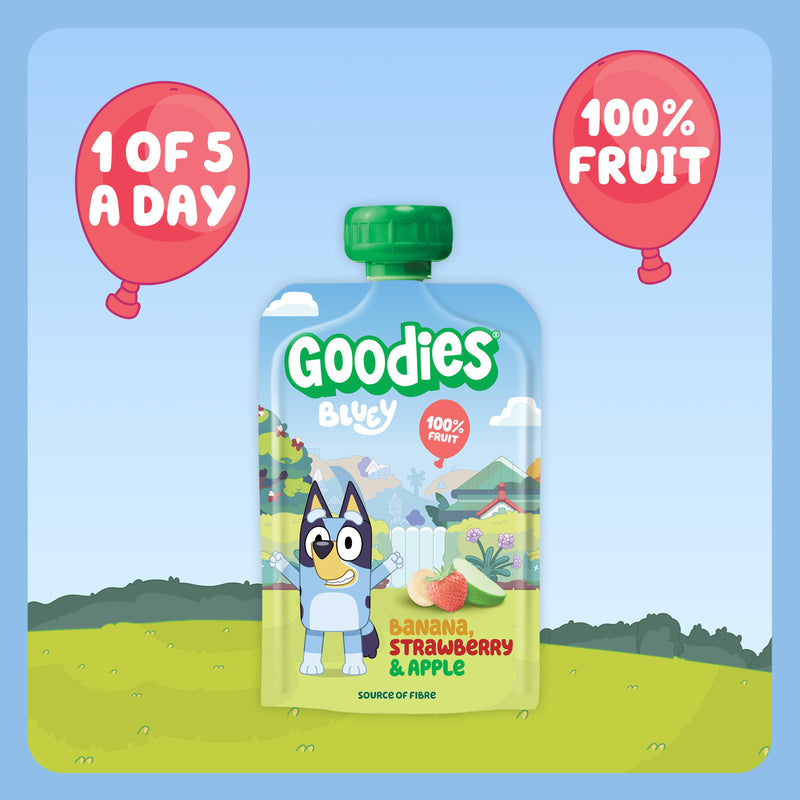 Goodies fruit pouches banana strawberry apple 4x100g, imported from the UK